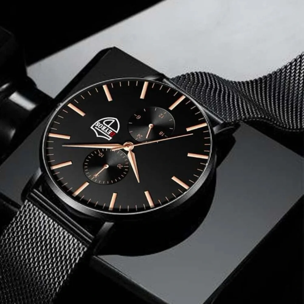 New Stainless Steel Analog Quartz Black Rose Gold Business Casual Mens Watch